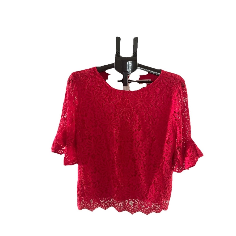 Nanette Lepore Ladies Red Lace Ruffled Sleeves Top Size L Valentines
